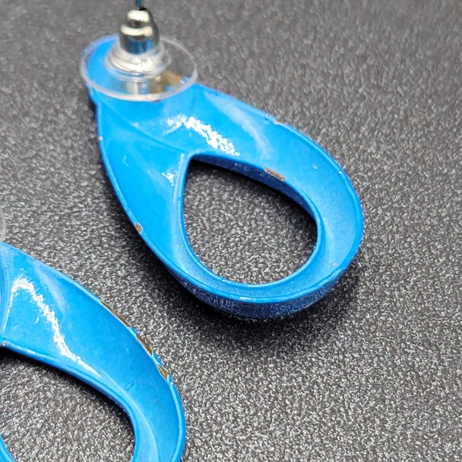 Vintage Pierced Earrings Blue Enamel over Metal Open Teardrop 1 3/8"