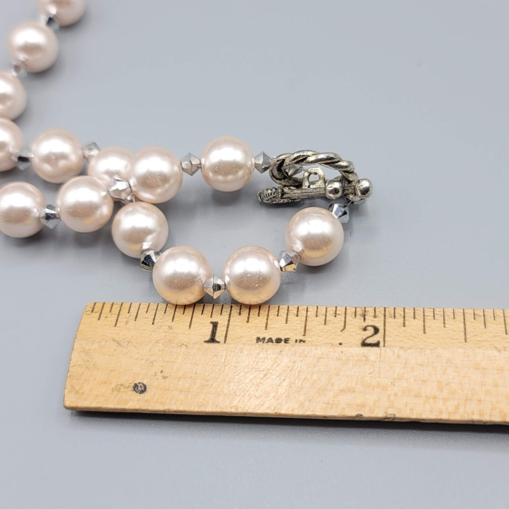 Pink Stone Bead Necklace Faux Pearl Silver tone Toggle Closure 18"