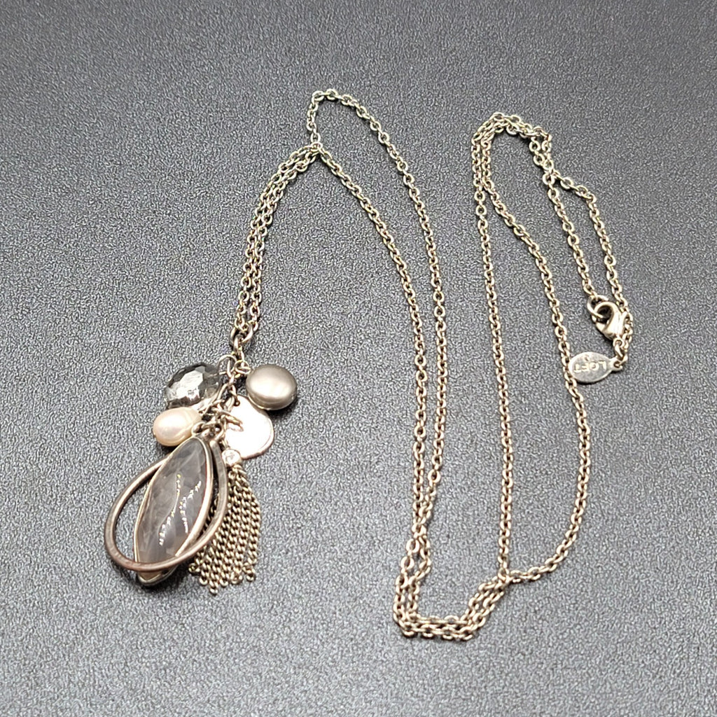 LOFT Pendant Necklace Silver tone Gray Stone Pearl LONG 32"