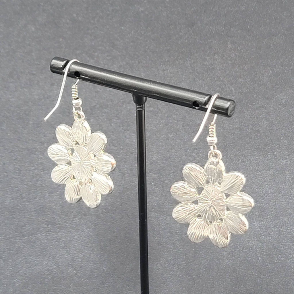 Pierced Earrings Silver tone Red Acrylic Accents 1 1/8"