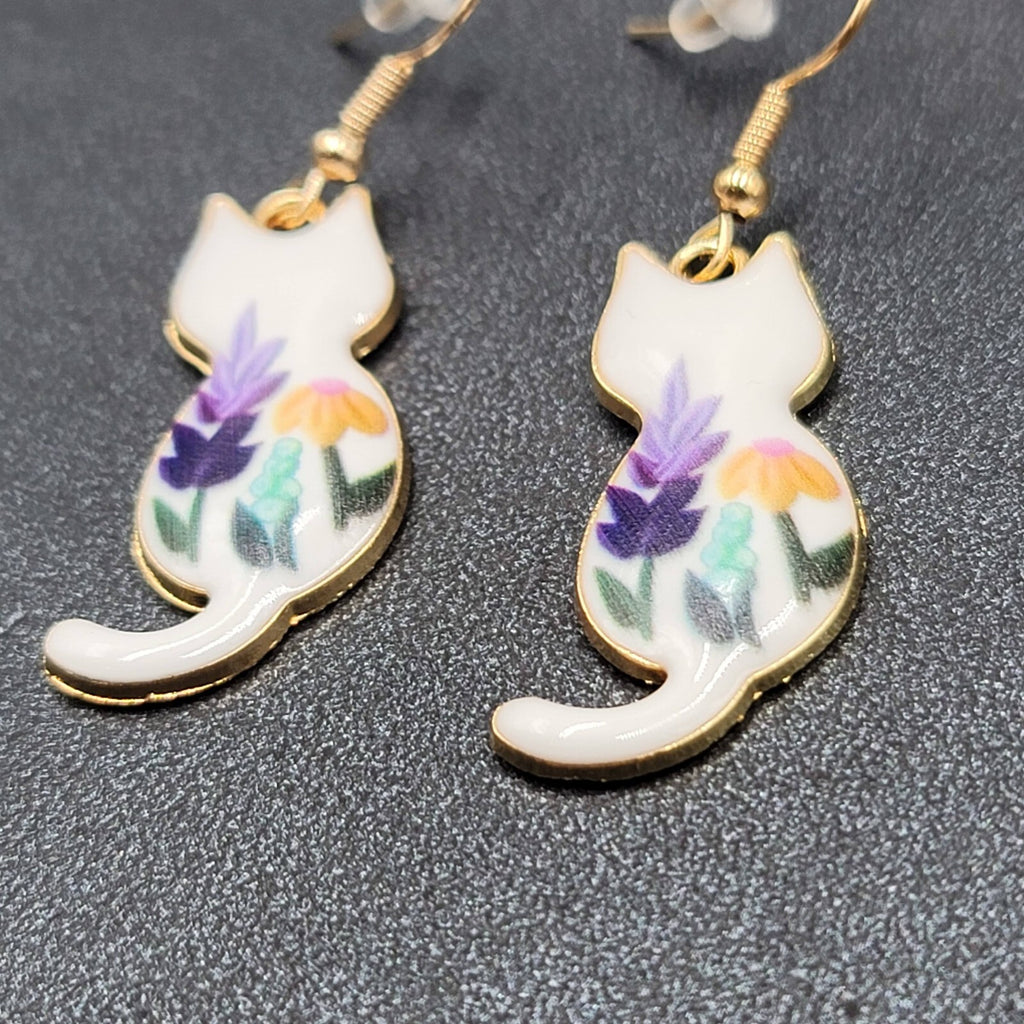 Pierced Earrings Gold tone Cat White Enamel Flowers Dangle 1.25"