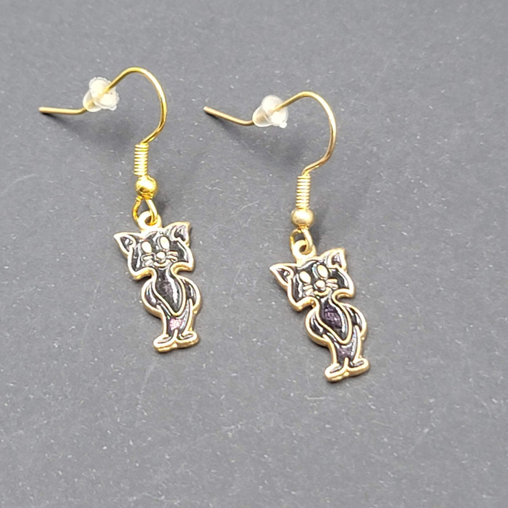 Cat Pierced Earrings Gold tone Black Enamel Dangle 3/4"