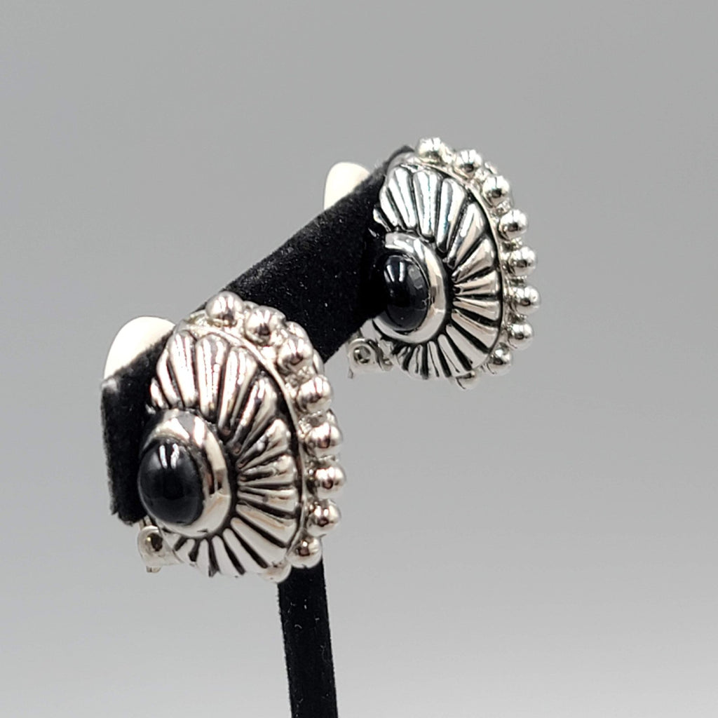Vintage Statement Silver Plated Clip on Earrings Black Accent 1 in