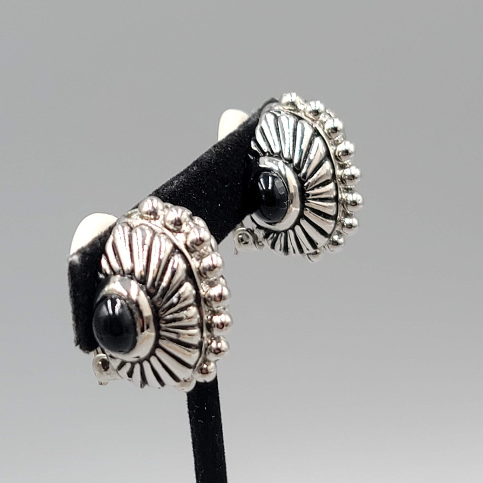 Vintage Statement Silver Plated Clip on Earrings Black Accent 1 in