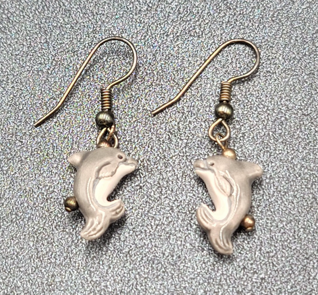 Pierced Earrings Porcelain Dolphin Dangle So Cute! 3/4"