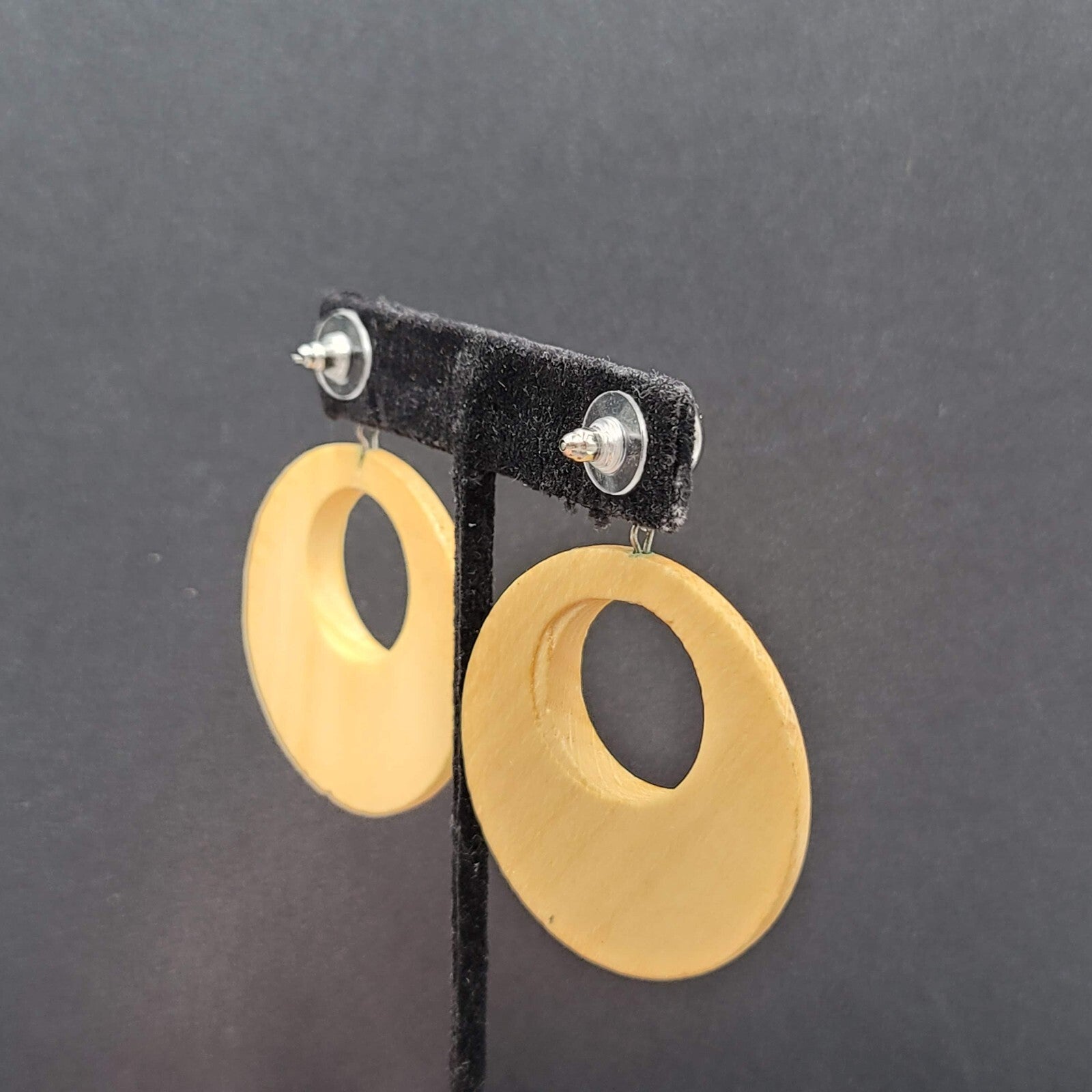 Pierced Earrings Silver tone Open Wood Hoops Dangle 1.75"