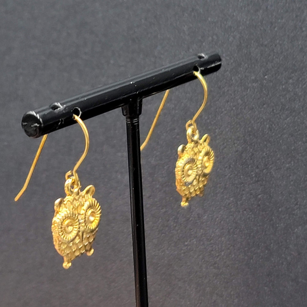 Pierced Earrings Gold tone Embossed Owl Dangle 5/8"