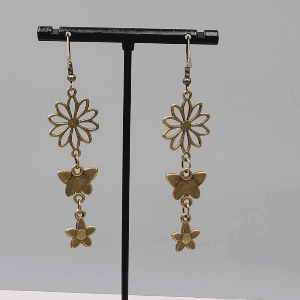 New Flower Butterfly Pierced Earrings Bronze tone Triple Dangle 2 1/8"