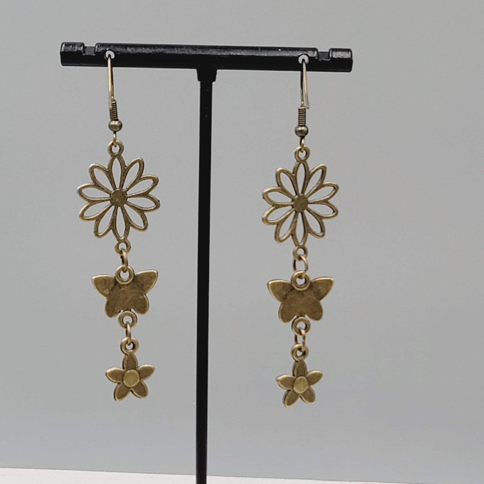 New Flower Butterfly Pierced Earrings Bronze tone Triple Dangle 2 1/8"
