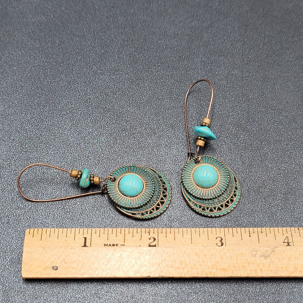 New Boho Pierced Earrings Faux Green Patina Copper tone Turquoise Bead 2.5"