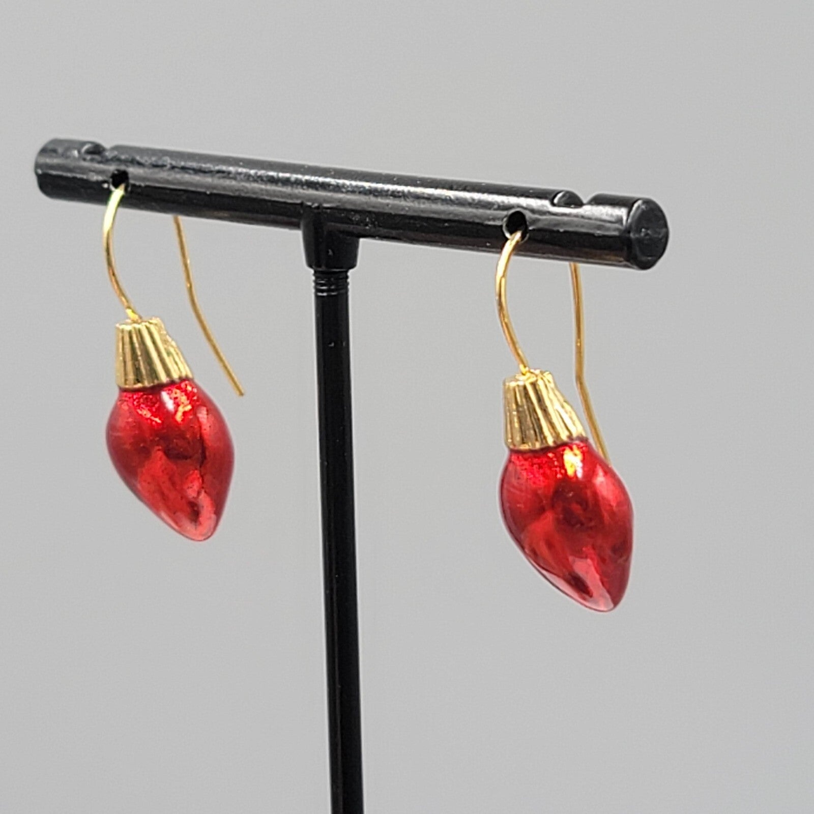 Christmas Bulb Pierced Earrings Gold Plated Red Enamel 3/4"