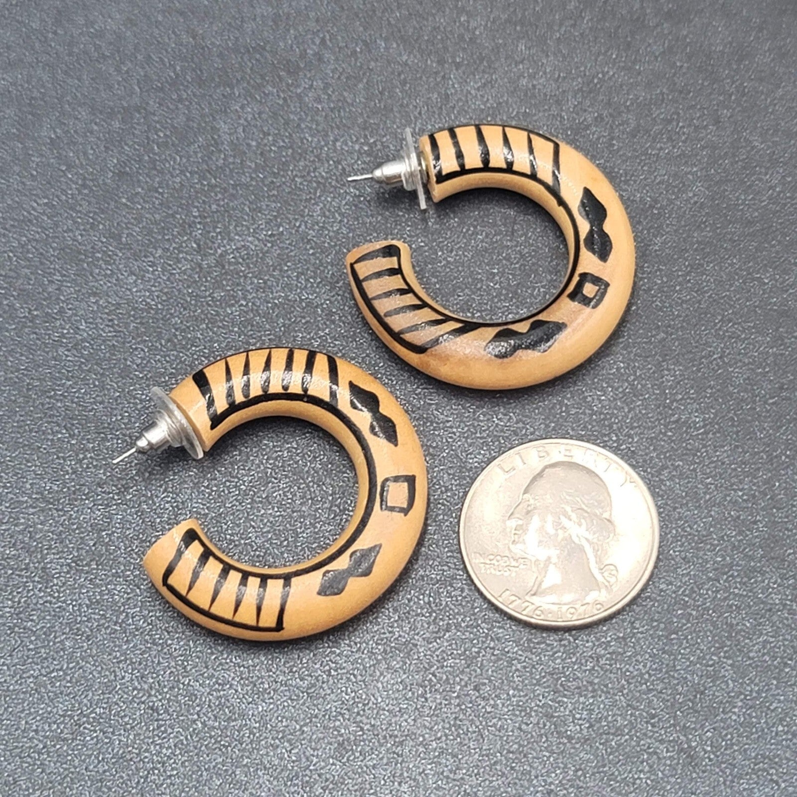 Vintage Pierced Earrings Wood Hoops Hand Painted Black 1 3/8"