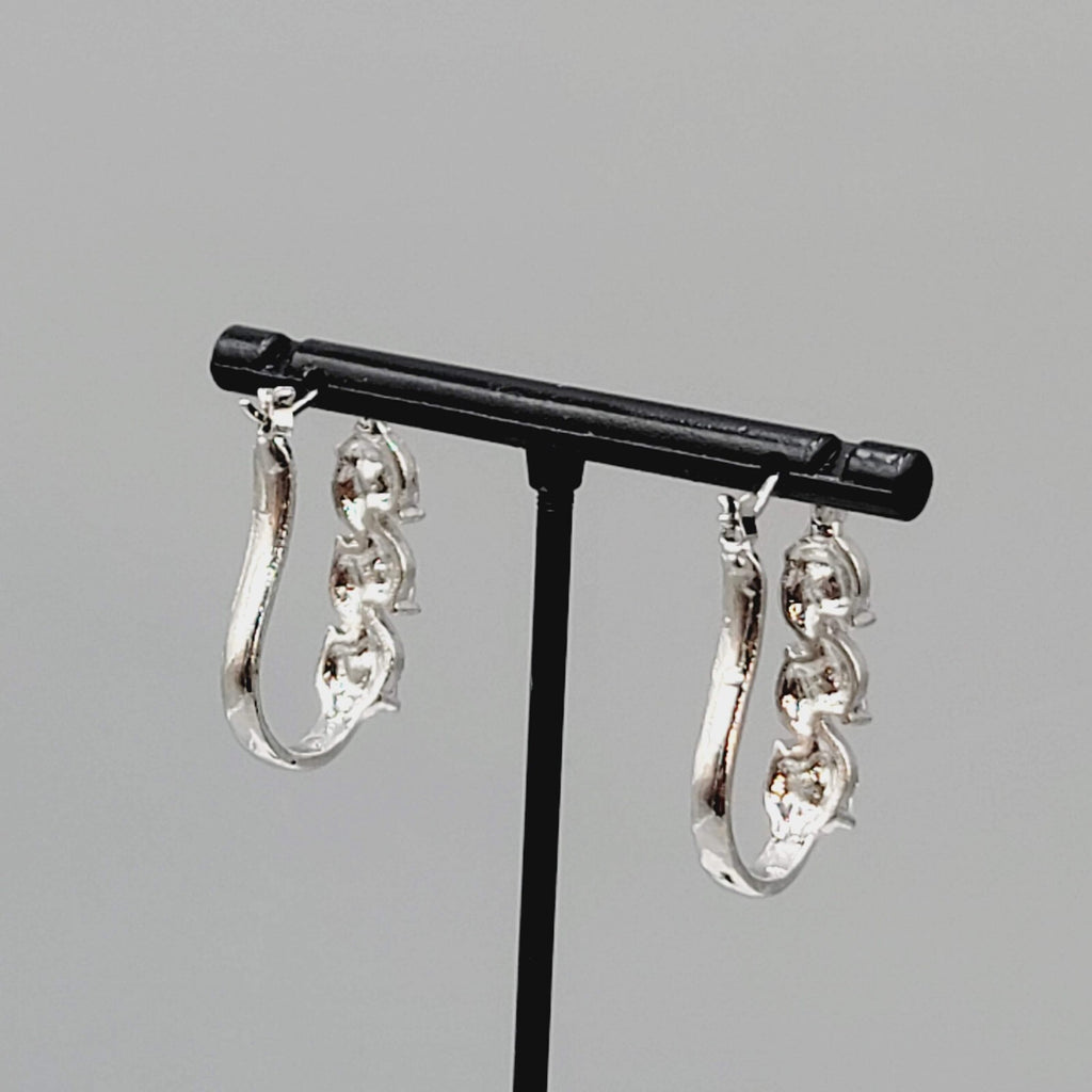 Hoop Pierced Earrings Silver tone Purple Rhinestone Dangle Hoops 1"