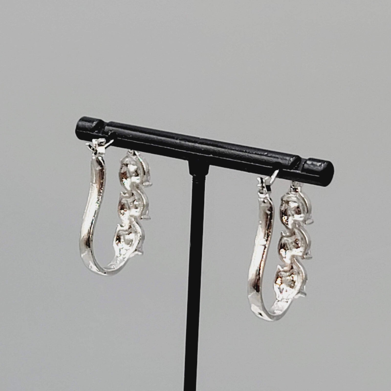Hoop Pierced Earrings Silver tone Purple Rhinestone Dangle Hoops 1"