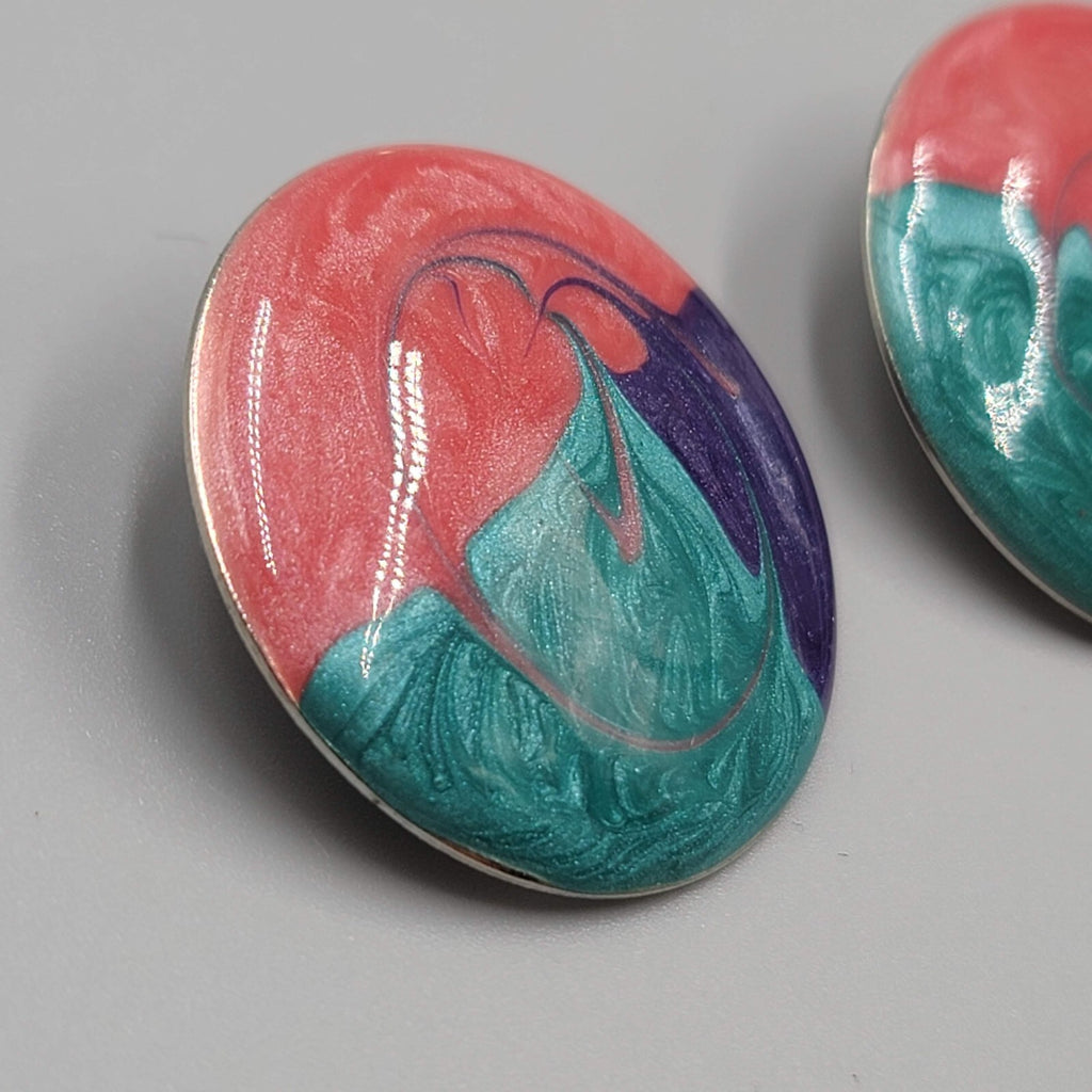 Vintage Round Enamel Pierced Earrings Pink Purple Teal Drop 1.25"