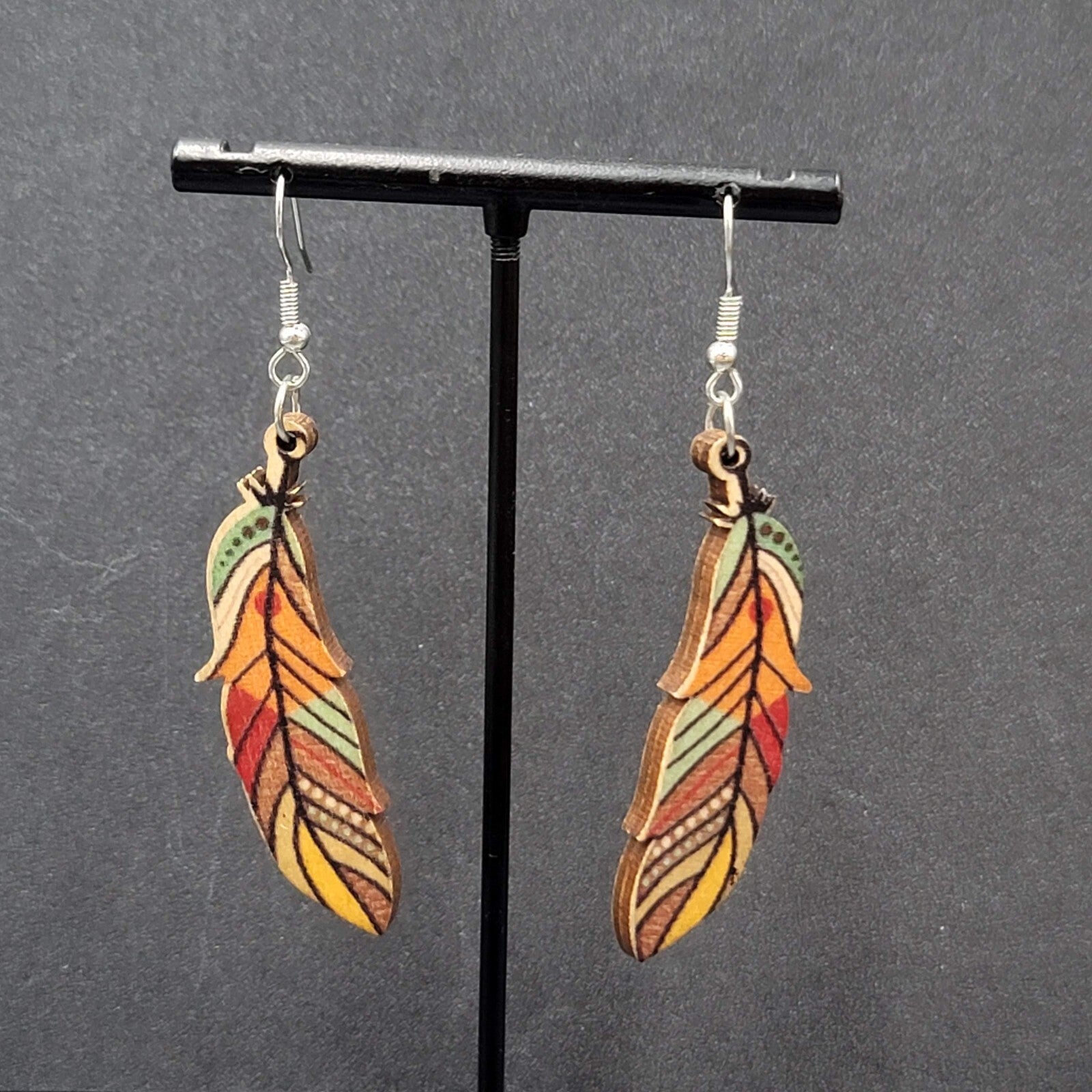 New Boho Pierced Earrings Wood Cut Feather Multicolor Dangle 2"