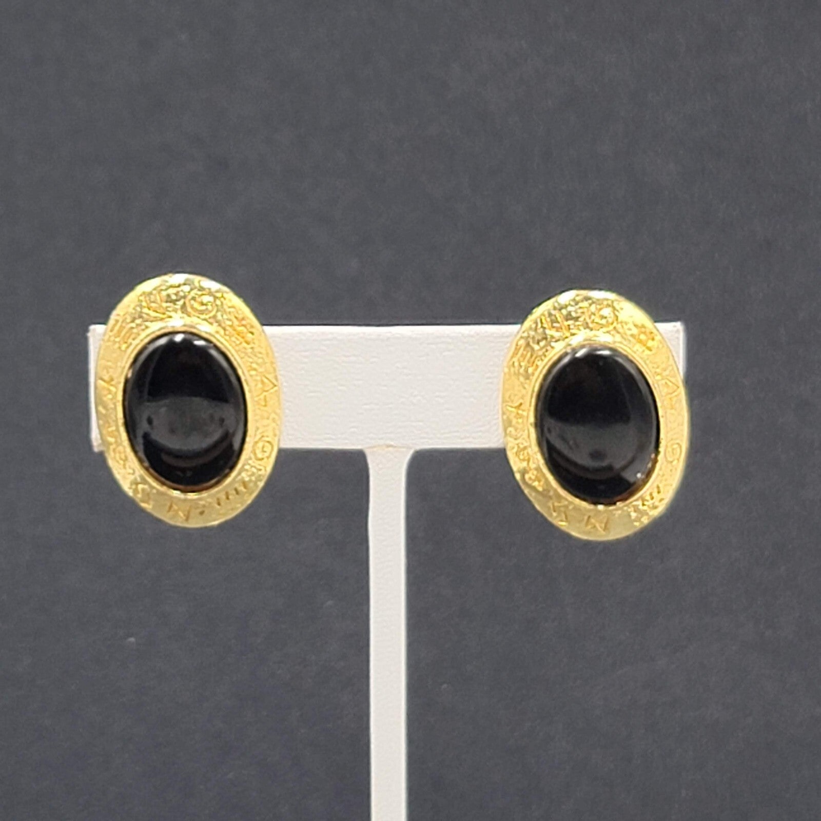 Vintage Runes Clip on Earrings Gold Plated Black Oval 1 1/8"