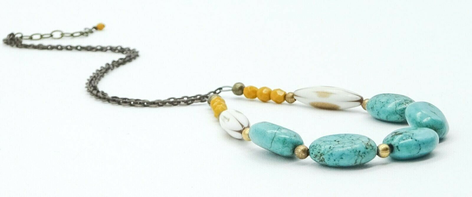 Boho Turquoise Stone Beaded Necklace Bronze tone Chain 20"