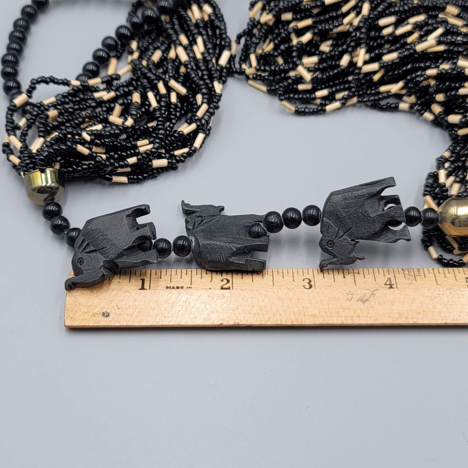 Large Statement Elephant Necklace Black Seed Bead Multi Strand 42"