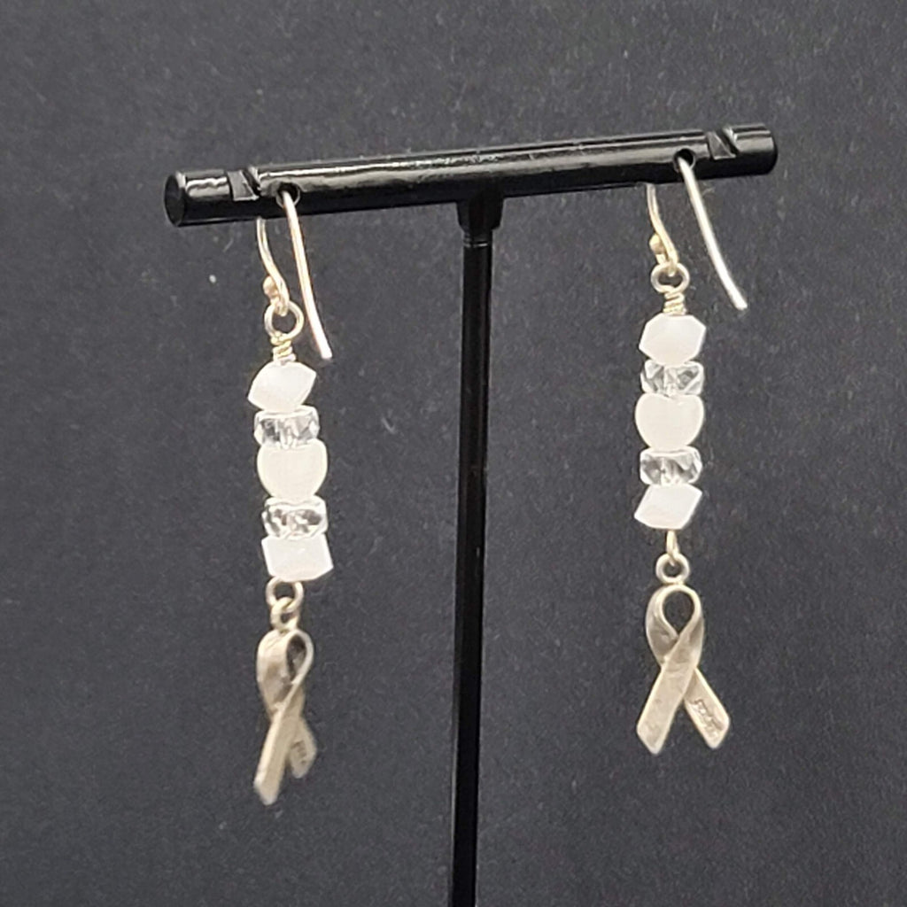 Sterling Silver Pierced Earrings 925 Beaded Awareness Ribbon 1.75" 