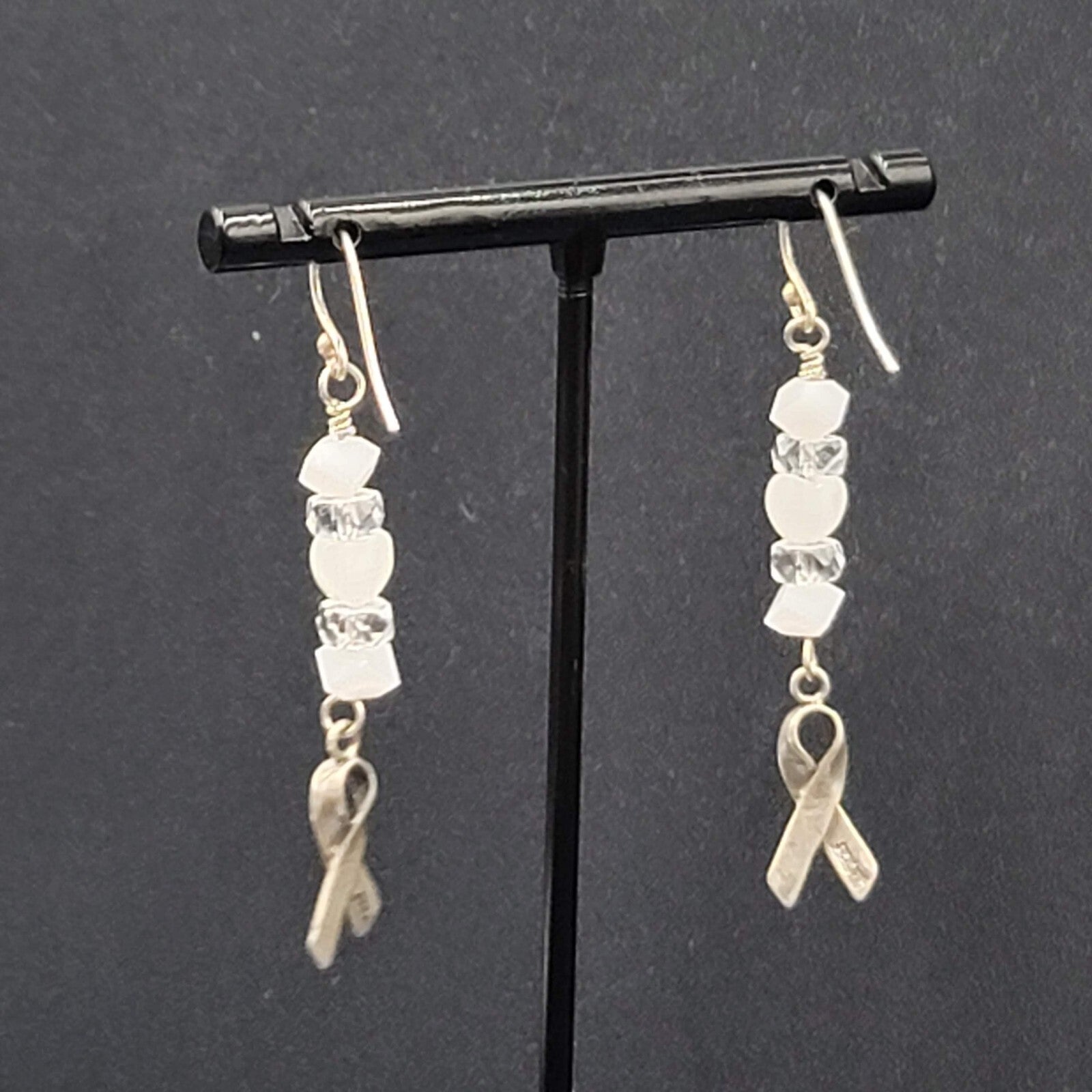 Sterling Silver Pierced Earrings 925 Beaded Awareness Ribbon 1.75" 