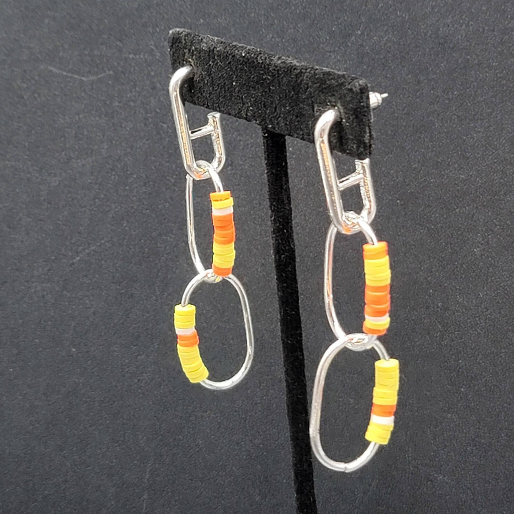 Pierced Earrings Silver tone Dangle Rings Yellow Orange Beads 2.75"