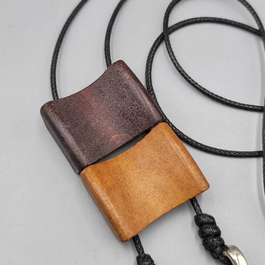 Bolo Style Wood Pendant Necklace Silver tone Feather Charms 30"