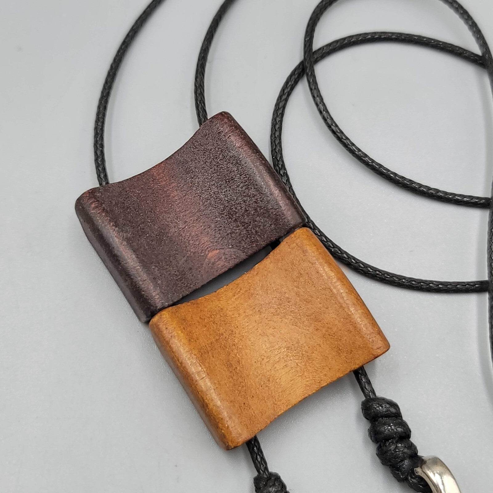 Bolo Style Wood Pendant Necklace Silver tone Feather Charms 30"
