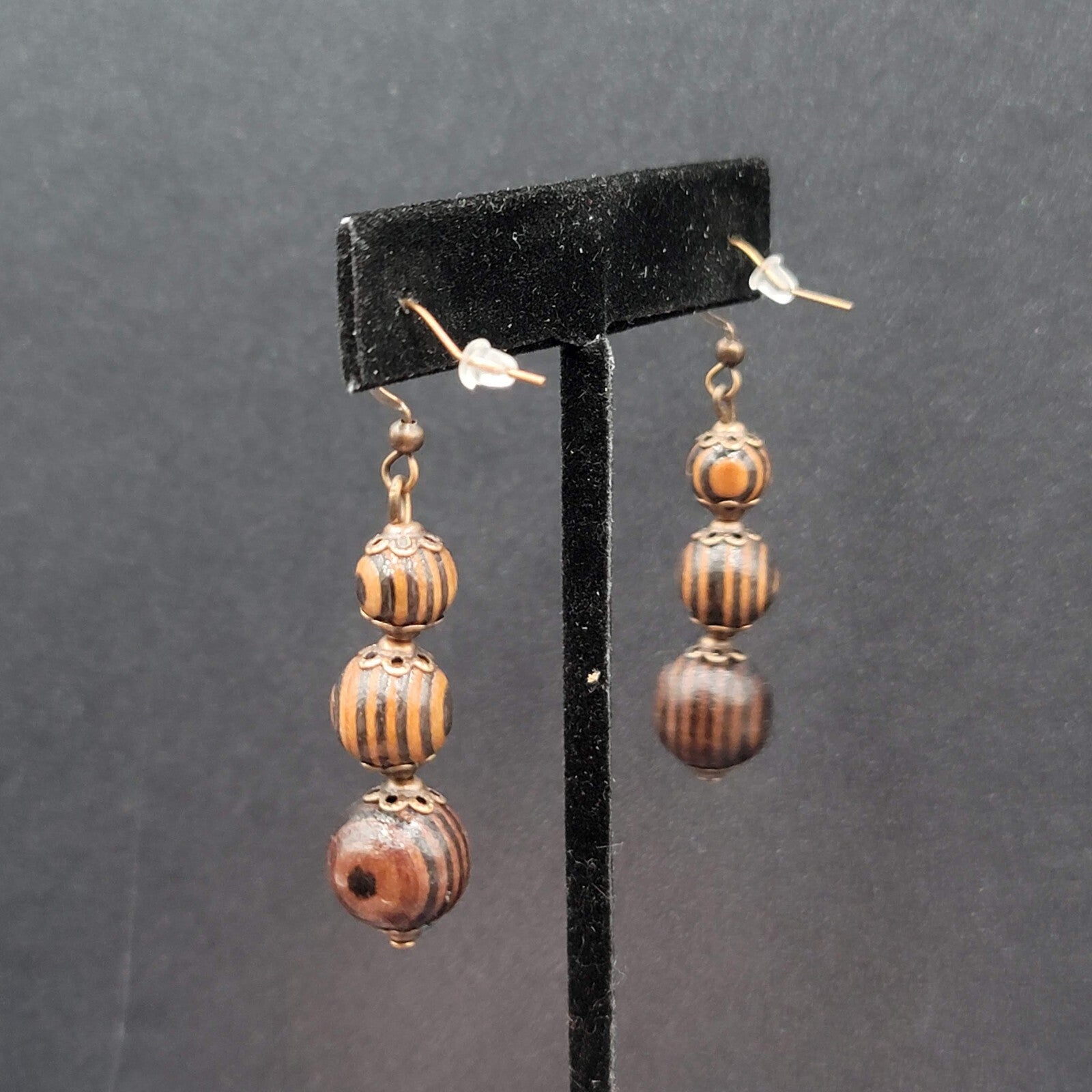 New Boho Pierced Earrings Copper tone Capped Wood Beads Dangle 1.5"