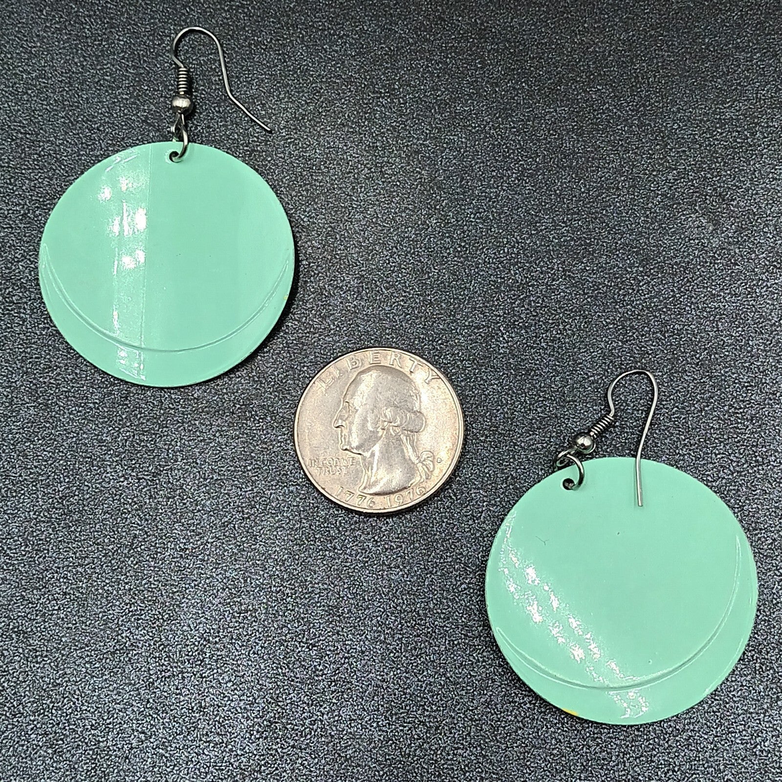 Pierced Earrings Seafoam Sparkle Zebra Print Enamel Round Dangle 1 1/2"