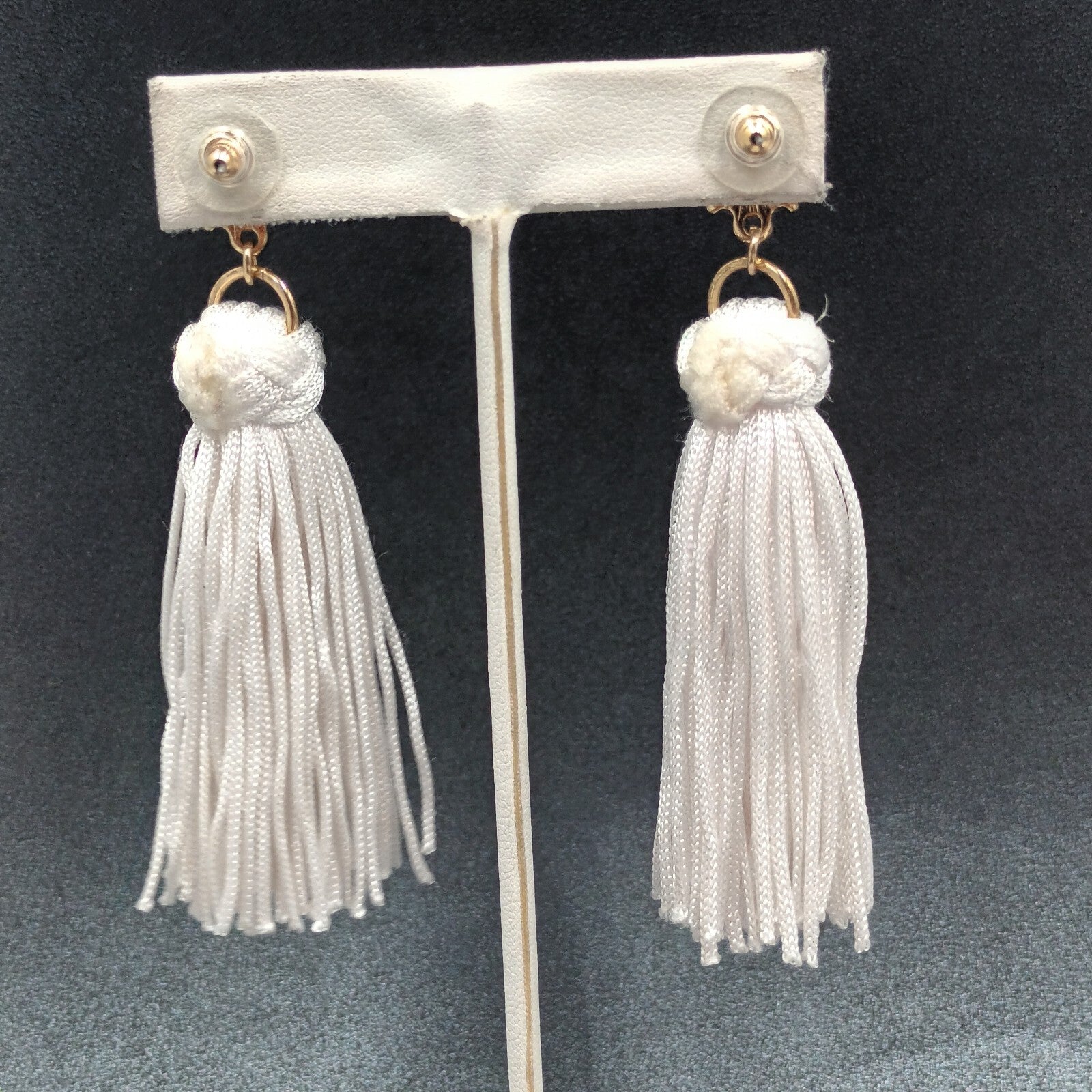 Pierced Earrings white Tassel Gold tone Faceted Glass Statement Dangle 3 1/4"