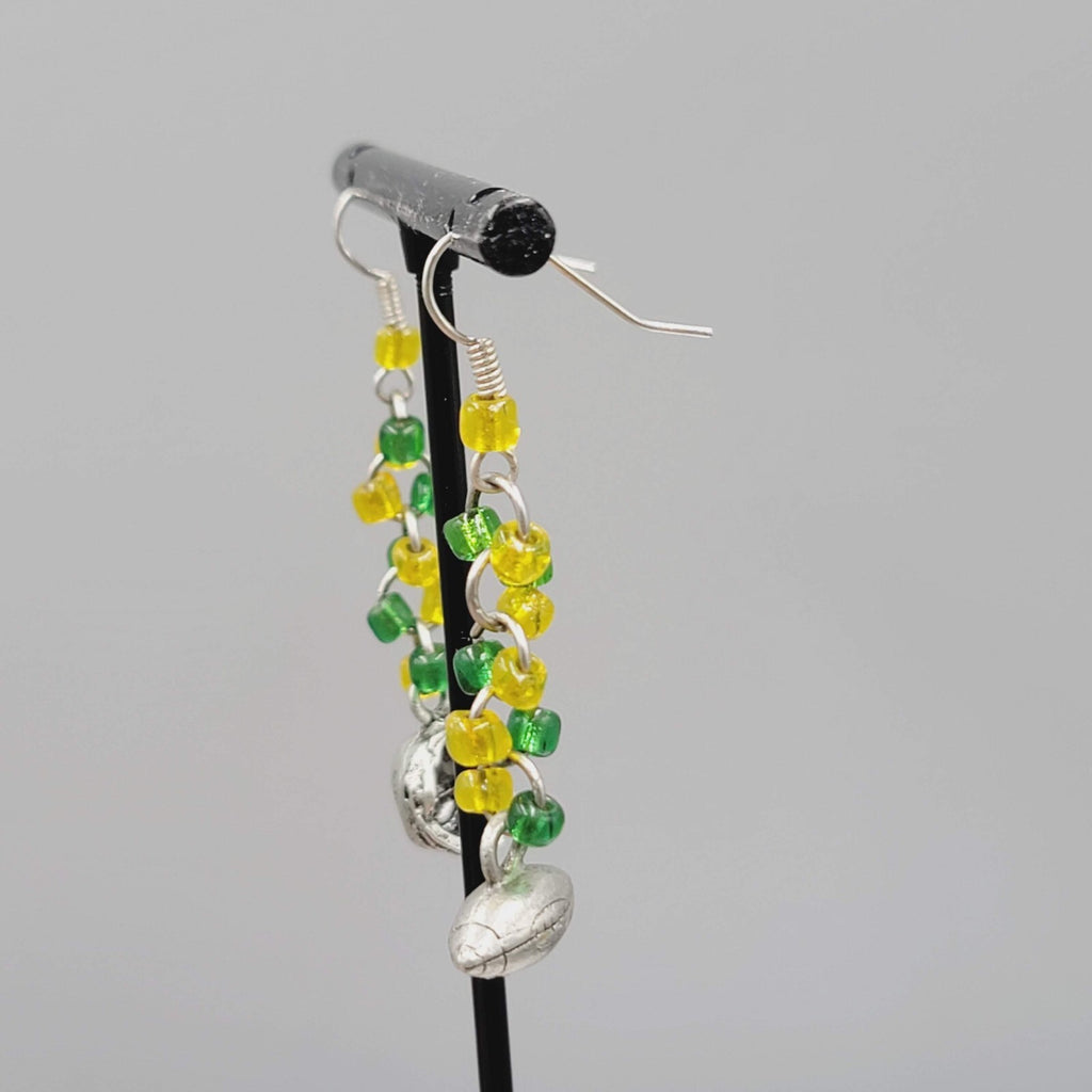 Football Charm Pierced Earrings Green Yellow Bead Dangle 1.5"