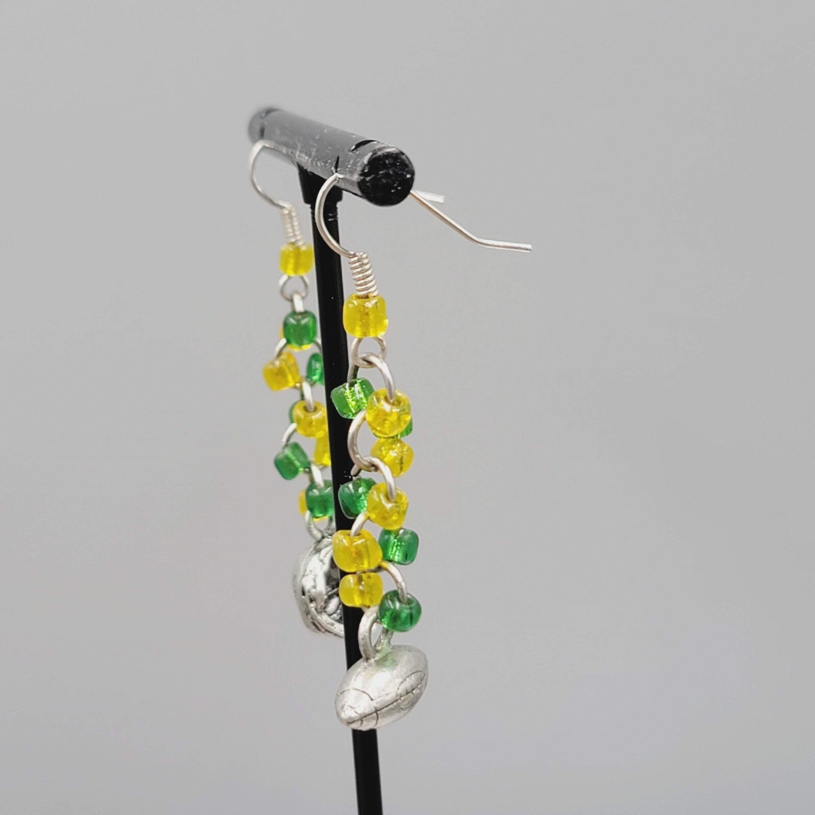 Football Charm Pierced Earrings Green Yellow Bead Dangle 1.5"