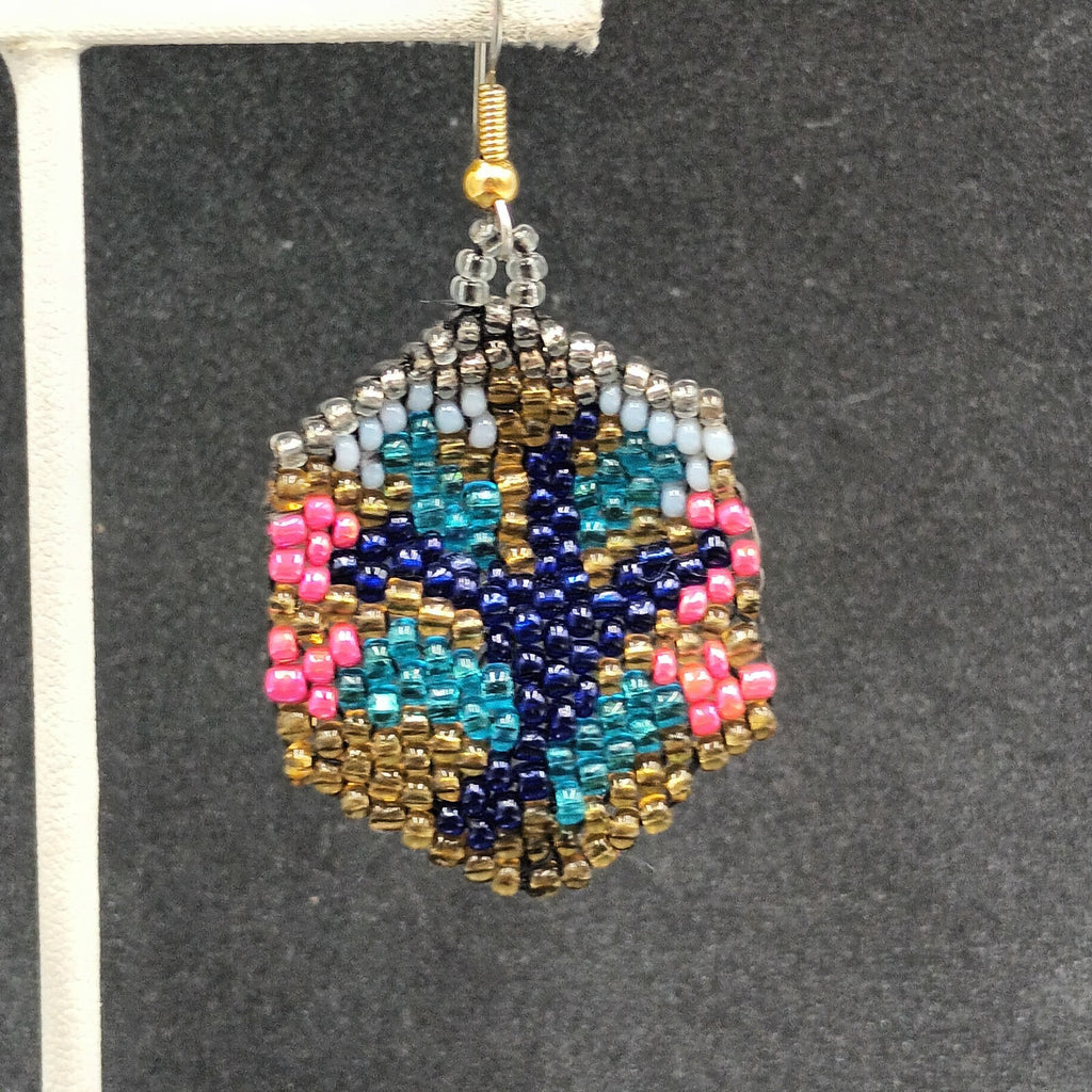 Pierced Earrings Multicolor Seed Bead Art Silver tone Hook Dangle 1 1/2"