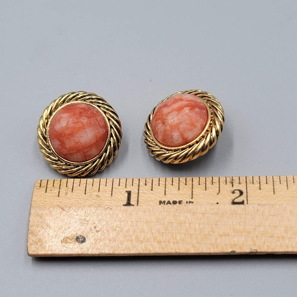 Vintage Orange White Faceted Gold tone Clip on Earrings Round 3/4"