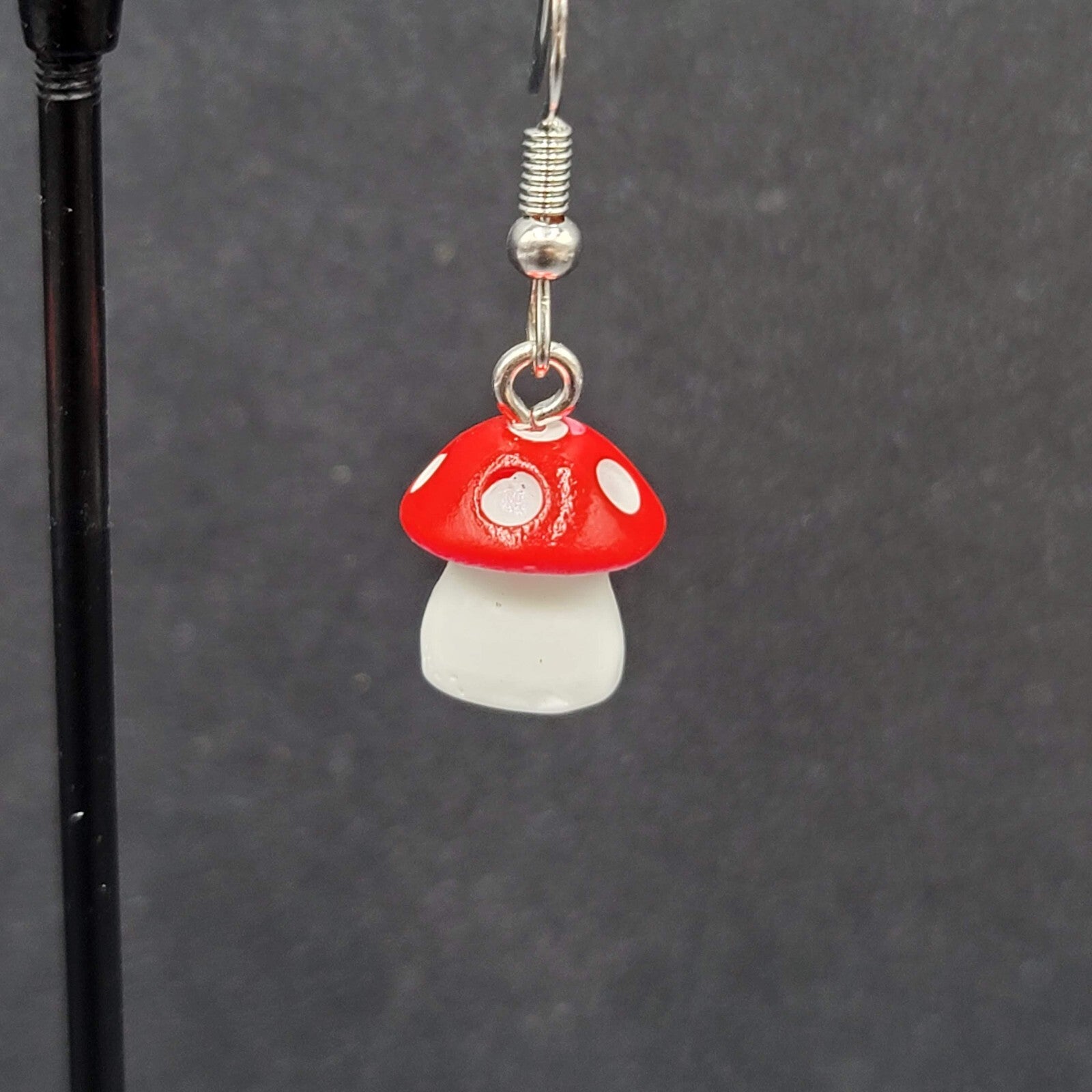 Pierced Earrings Red White Polka Dot Mushroom Dangle Cute 1/2"