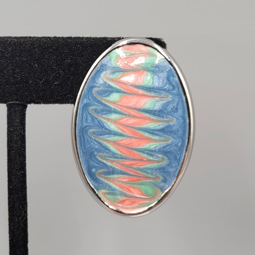 Vintage Pierced Earrings Pink Blue Enamel Silver tone Oval Drop 1 3/8"