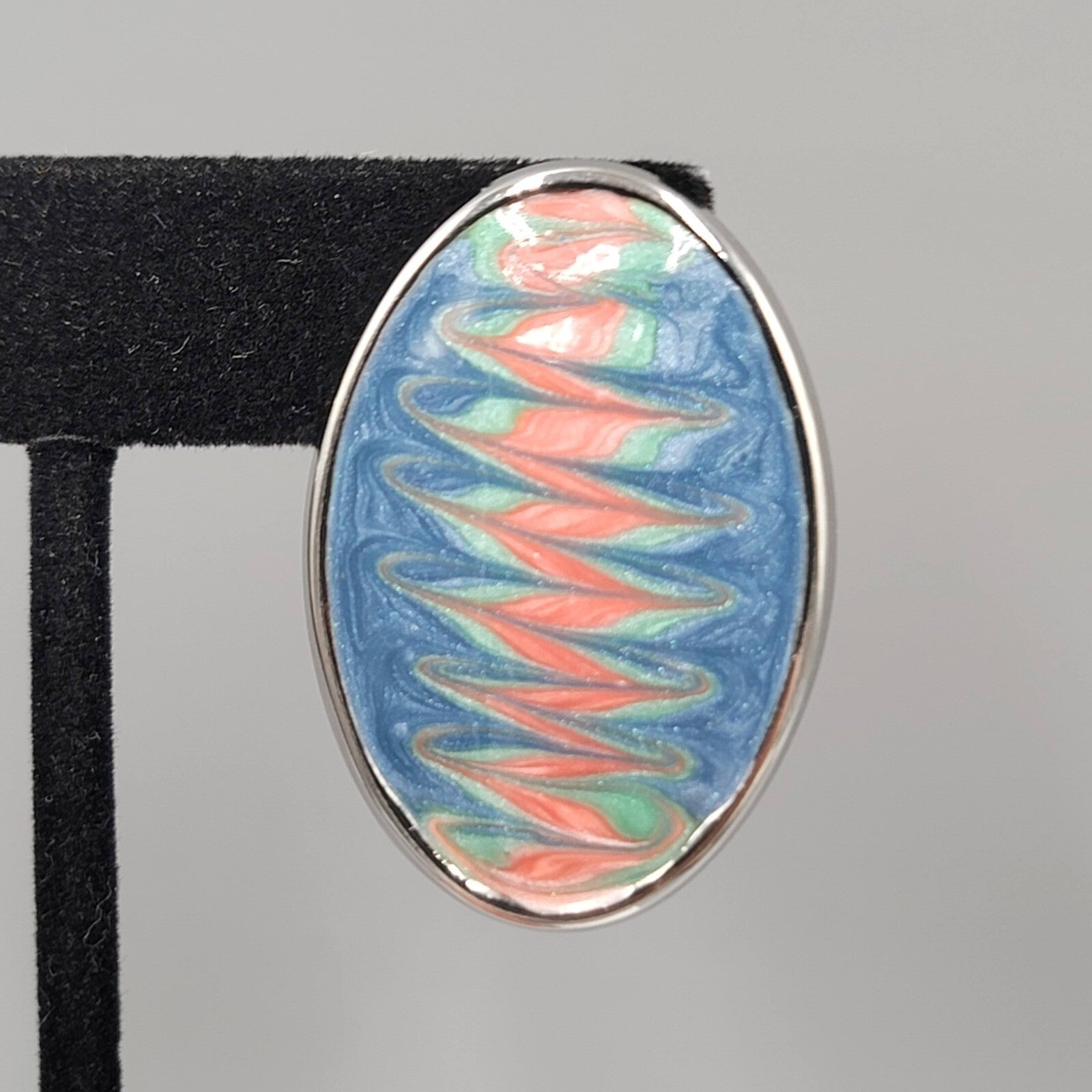 Vintage Pierced Earrings Pink Blue Enamel Silver tone Oval Drop 1 3/8"