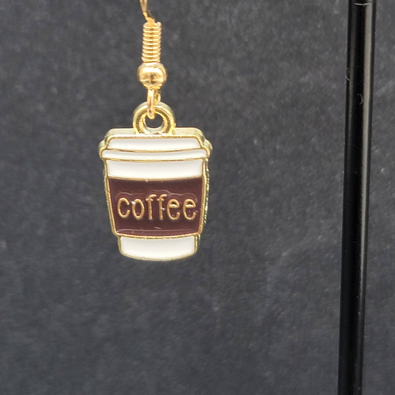 Coffee Pierced Earrings White Brown Enamel Gold tone Dangle New 5/8"