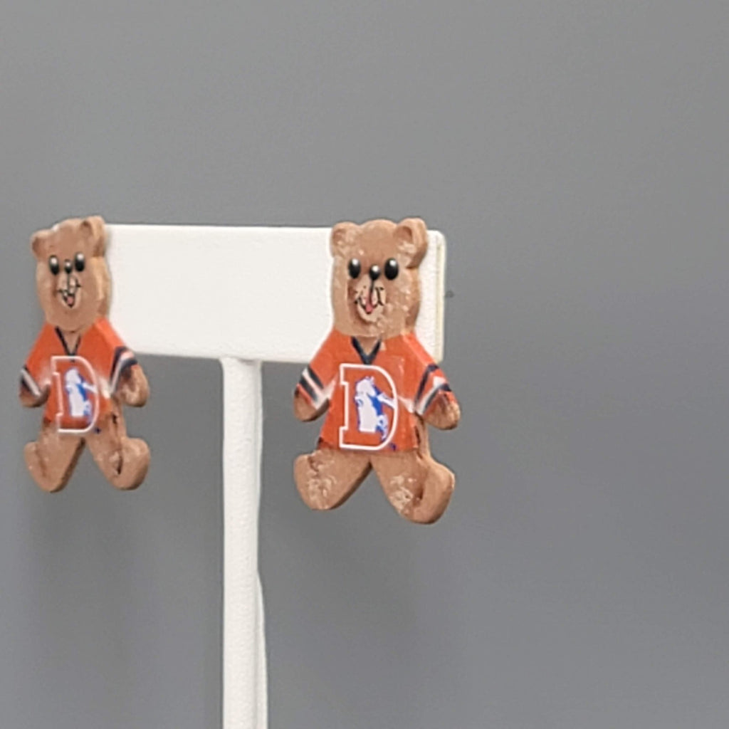 Vintage Hand Painted Denver Broncos Pierced Earrings Wood Teddy Bear 1 1/8"