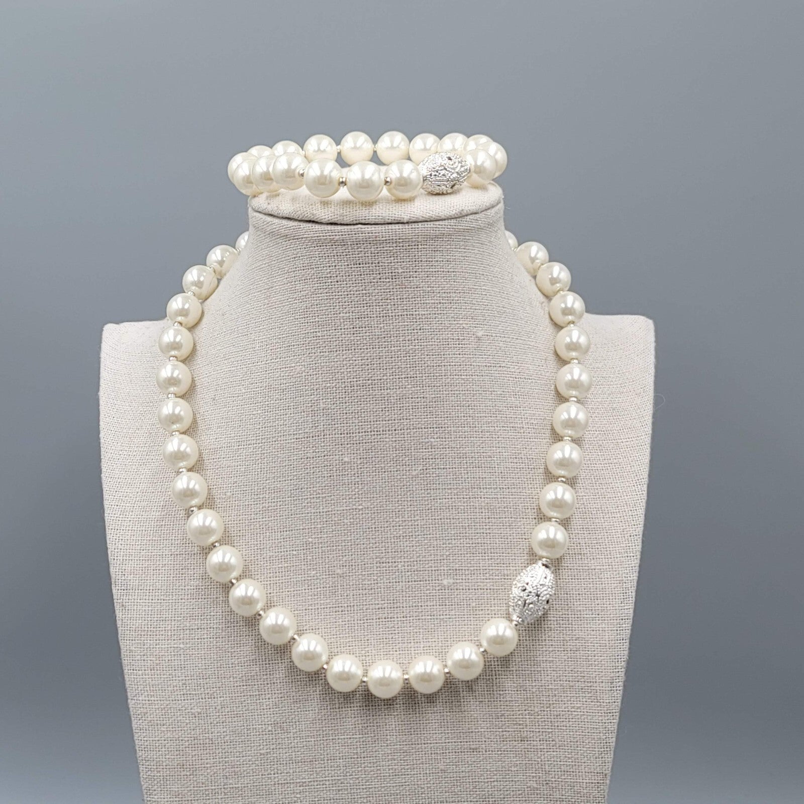 White Beads Silver tone Rhinestone Necklace and Bracelet Set Faux Pearl
