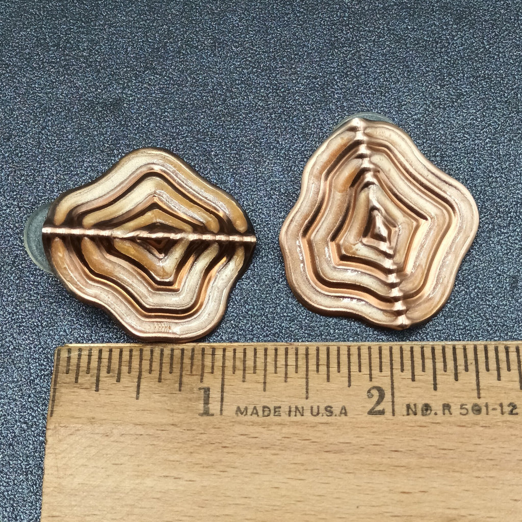 Vintage Pierced Earrings Copper tone Enamel Textured Bent Metal Dangle 1 3/8"