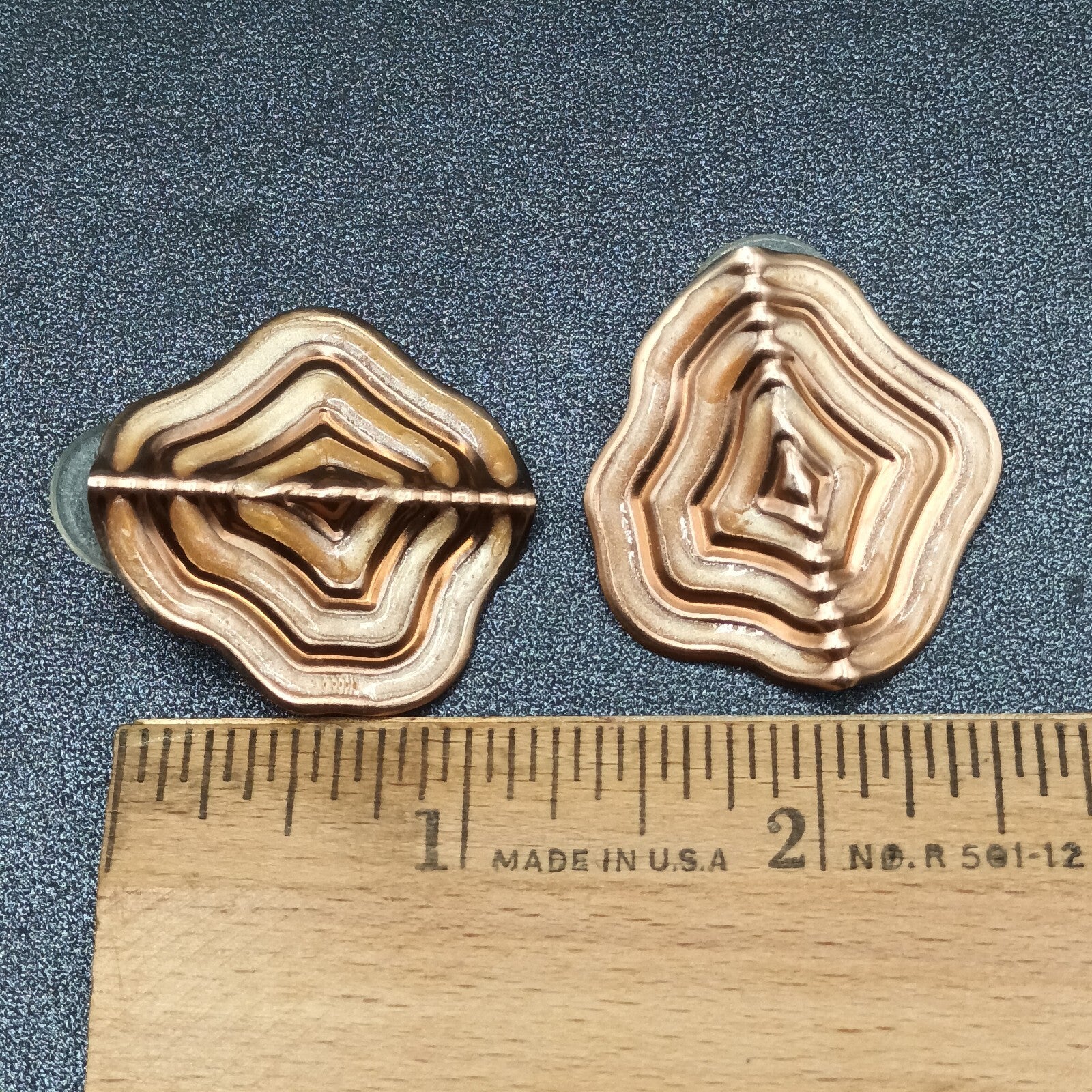 Vintage Pierced Earrings Copper tone Enamel Textured Bent Metal Dangle 1 3/8"