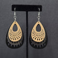 Pierced Earrings Triple Layer Wood Teardrop Dangle Tan Gray Black 2.75"