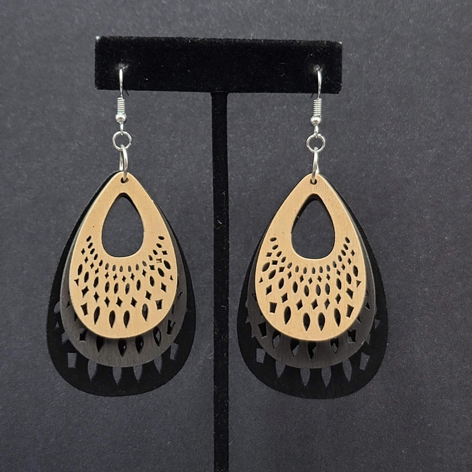 Pierced Earrings Triple Layer Wood Teardrop Dangle Tan Gray Black 2.75"
