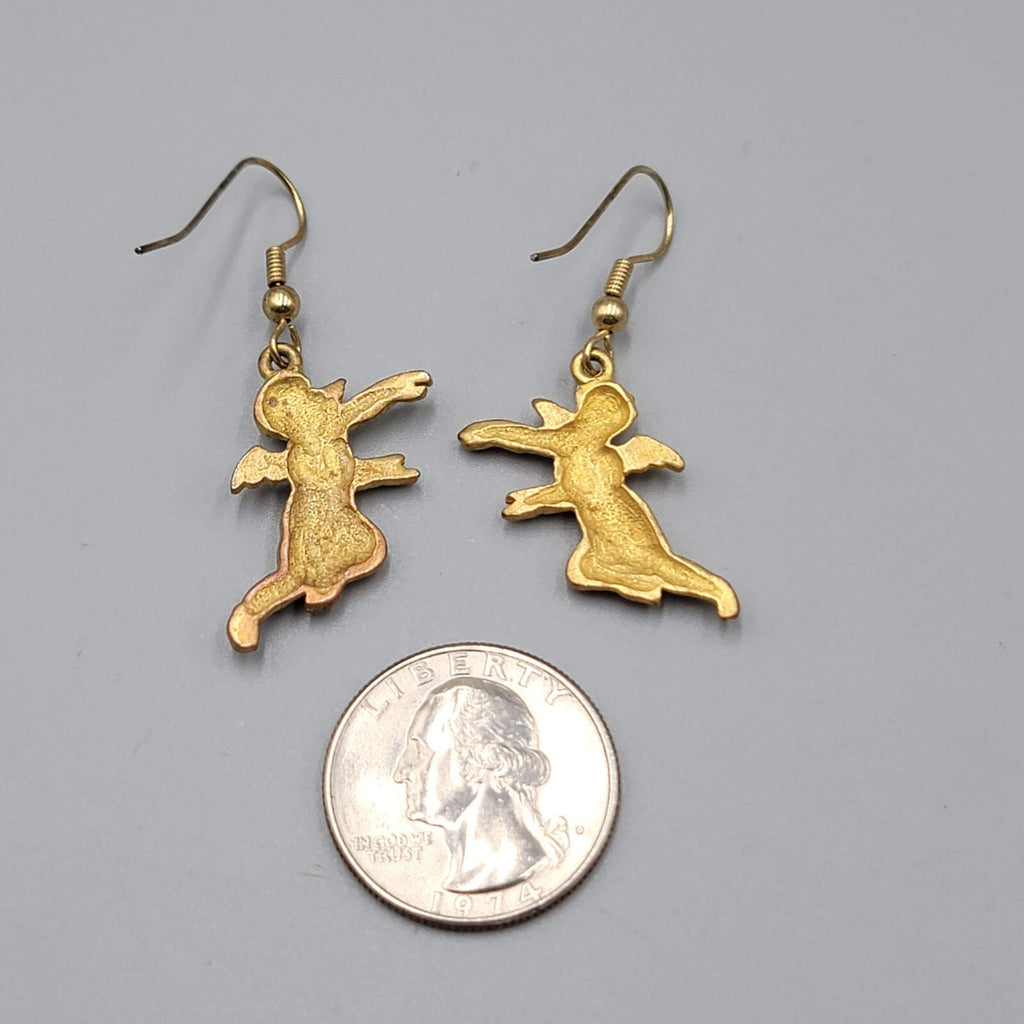 Vintage Cupid Cherub Angel Pierced Earrings Gold tone Dangle 1"