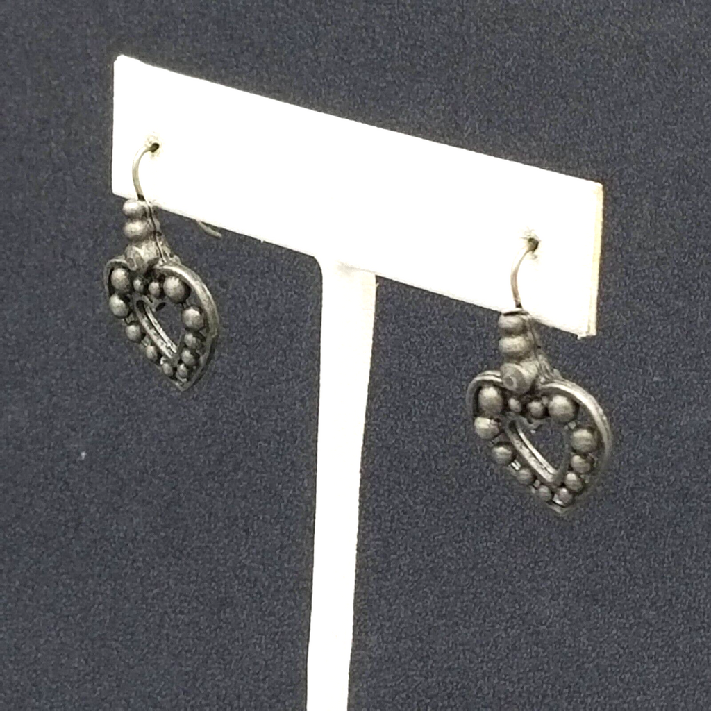 Pierced Earrings Pewter Beaded Open Heart Dangle Dark Gray 7/8"