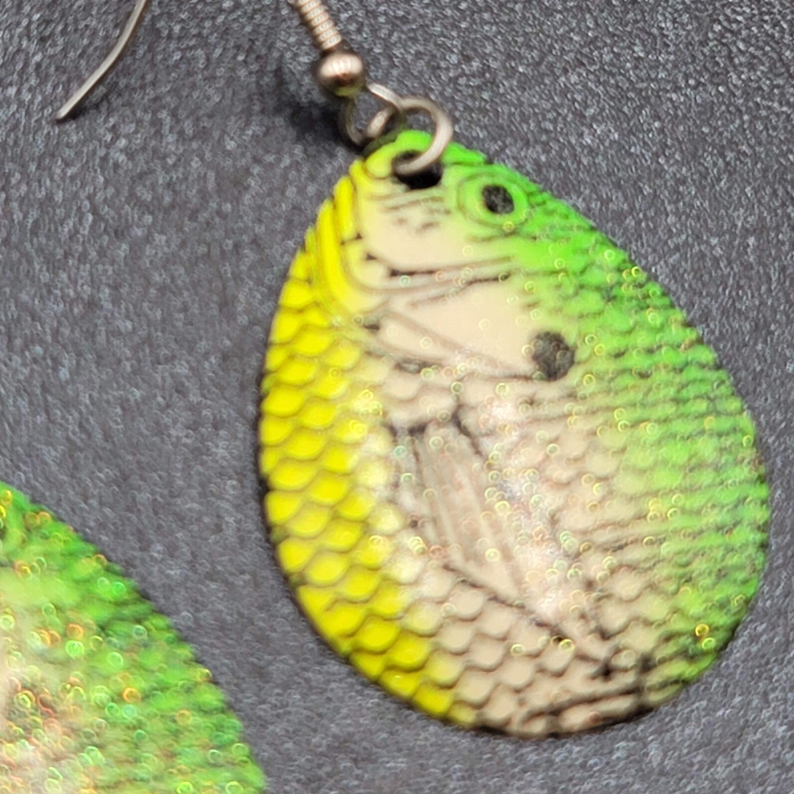 Fishing Lure Pierced Earrings Neon Green Yellow Teardrop Fish Dangle 1.5"