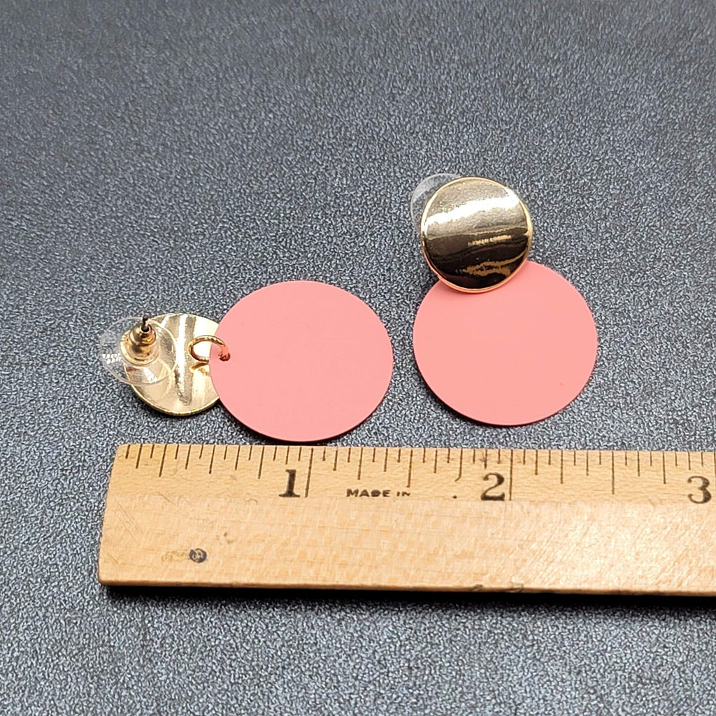 Pierced Earrings Gold tone Matte Pink Enamel Disc Dangle 1.25"