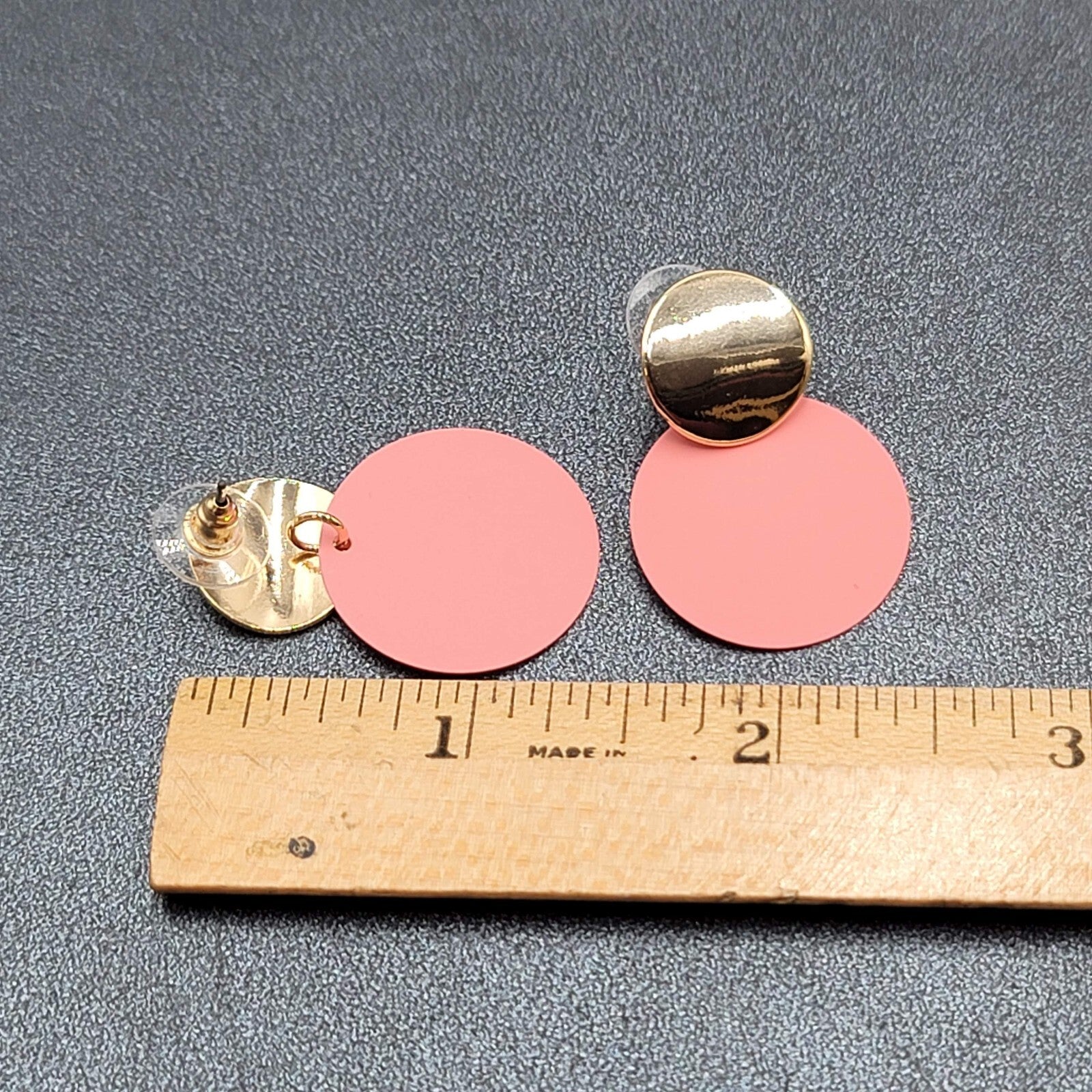 Pierced Earrings Gold tone Matte Pink Enamel Disc Dangle 1.25"